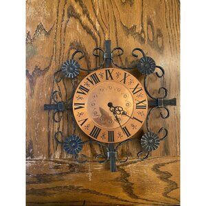 Vintage Copper & Wrought Iron Wall Clock With Roman Numerals & Decorative Fleur-